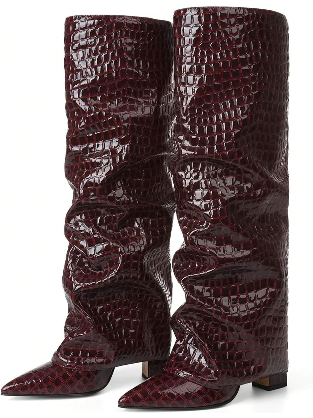 Women's Croc Red Fold Over Wide Calf Chunky Block Heel Shark Knee High Boots